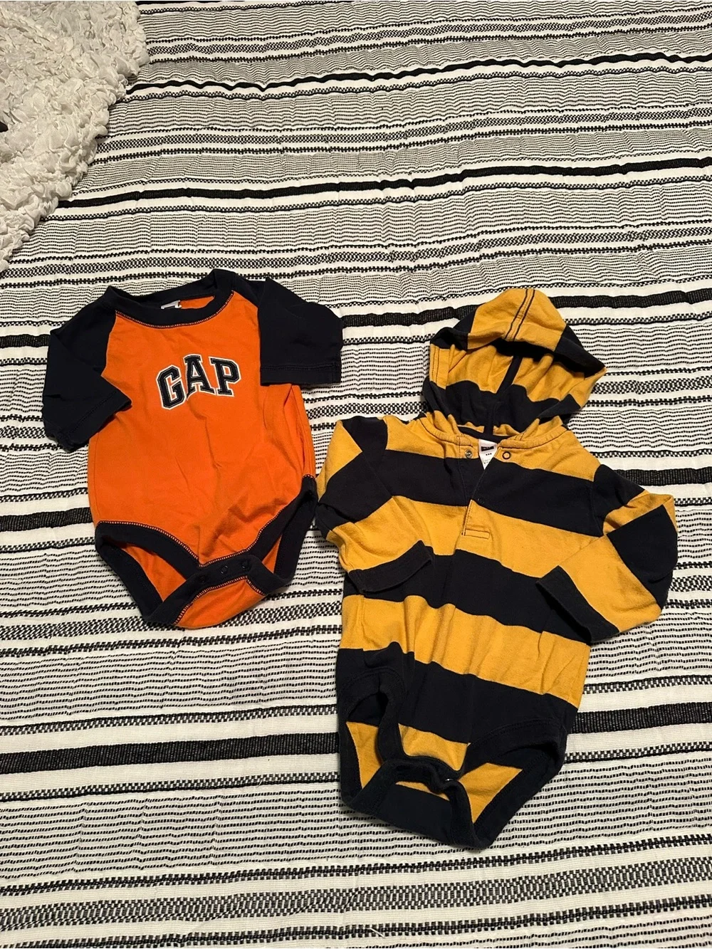 GAP Onesie Bundle (Orange & Navy Logo/Yellow & Navy Hoodie)-Size 6-12M